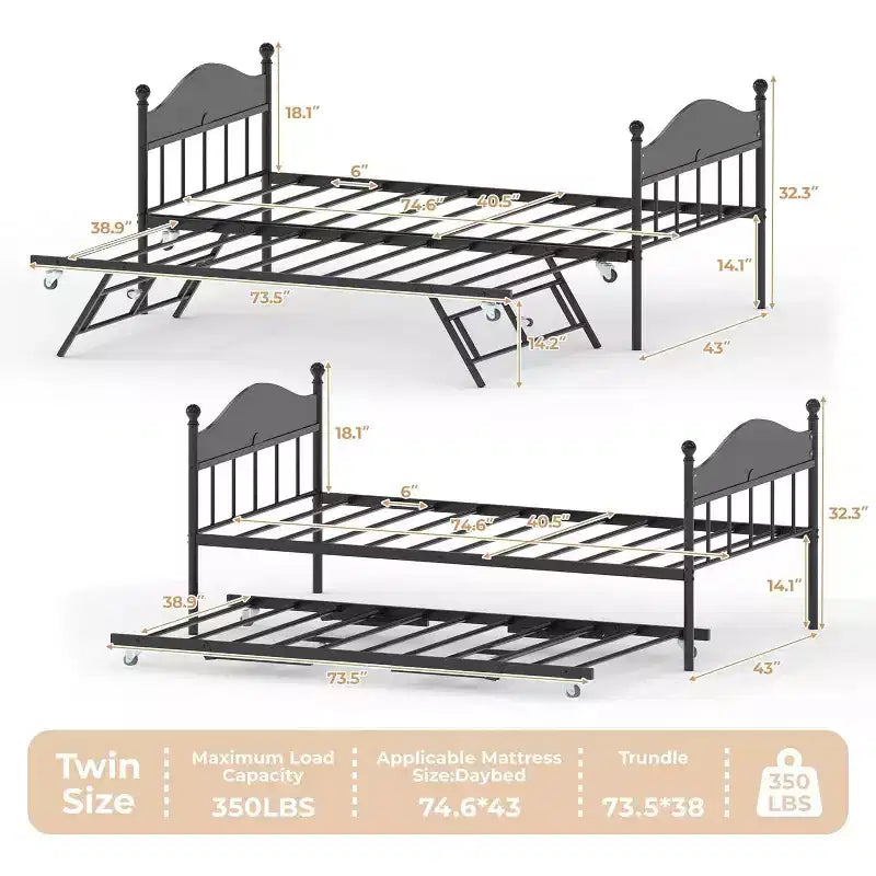 Lit de repos avec lit gigogne, lit de repos simple en métal, tête de lit élégante, lit gigogne réglable en hauteur, pour salon/chambre à coucher/chambre d'amis, noir