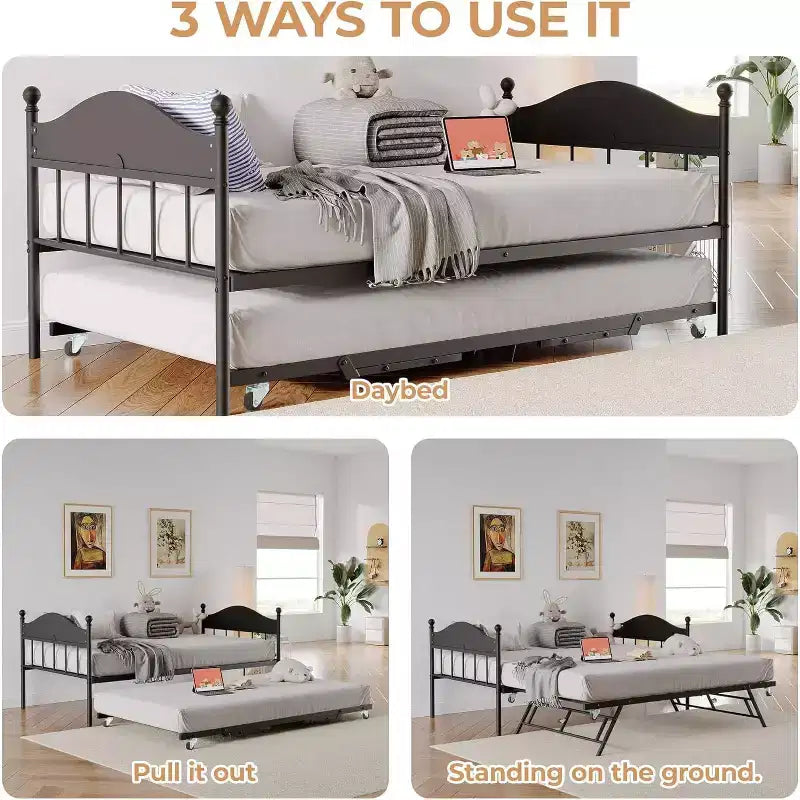 Lit de repos avec lit gigogne, lit de repos simple en métal, tête de lit élégante, lit gigogne réglable en hauteur, pour salon/chambre à coucher/chambre d'amis, noir