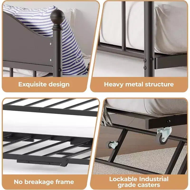 Lit de repos avec lit gigogne, lit de repos simple en métal, tête de lit élégante, lit gigogne réglable en hauteur, pour salon/chambre à coucher/chambre d'amis, noir
