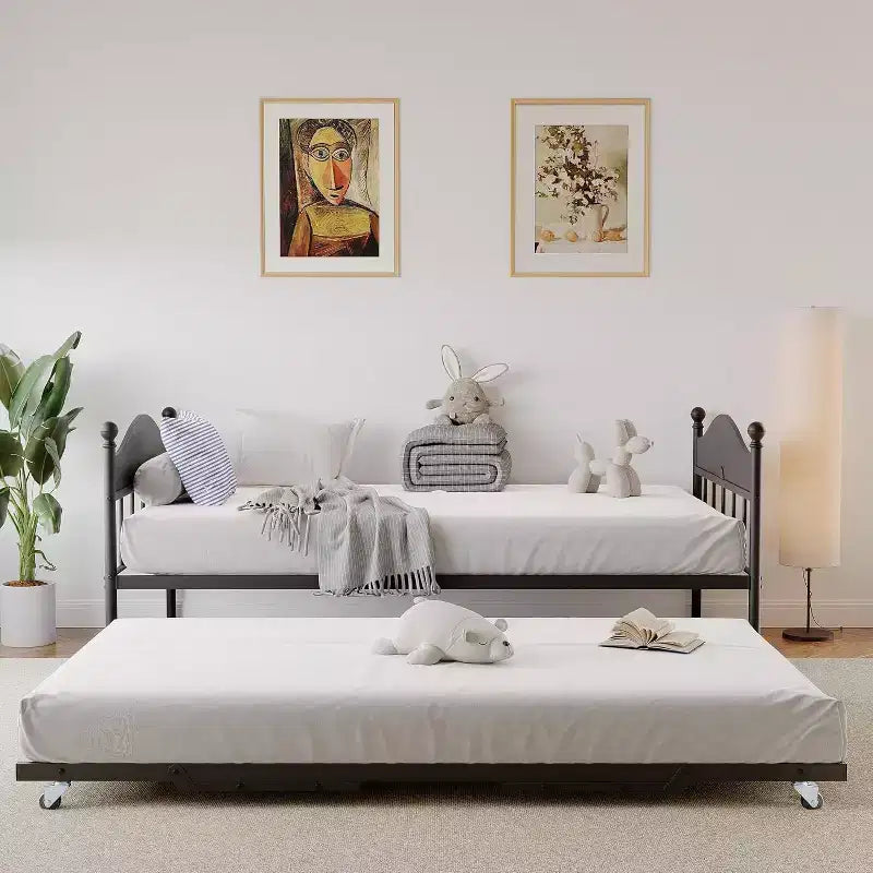 Lit de repos avec lit gigogne, lit de repos simple en métal, tête de lit élégante, lit gigogne réglable en hauteur, pour salon/chambre à coucher/chambre d'amis, noir