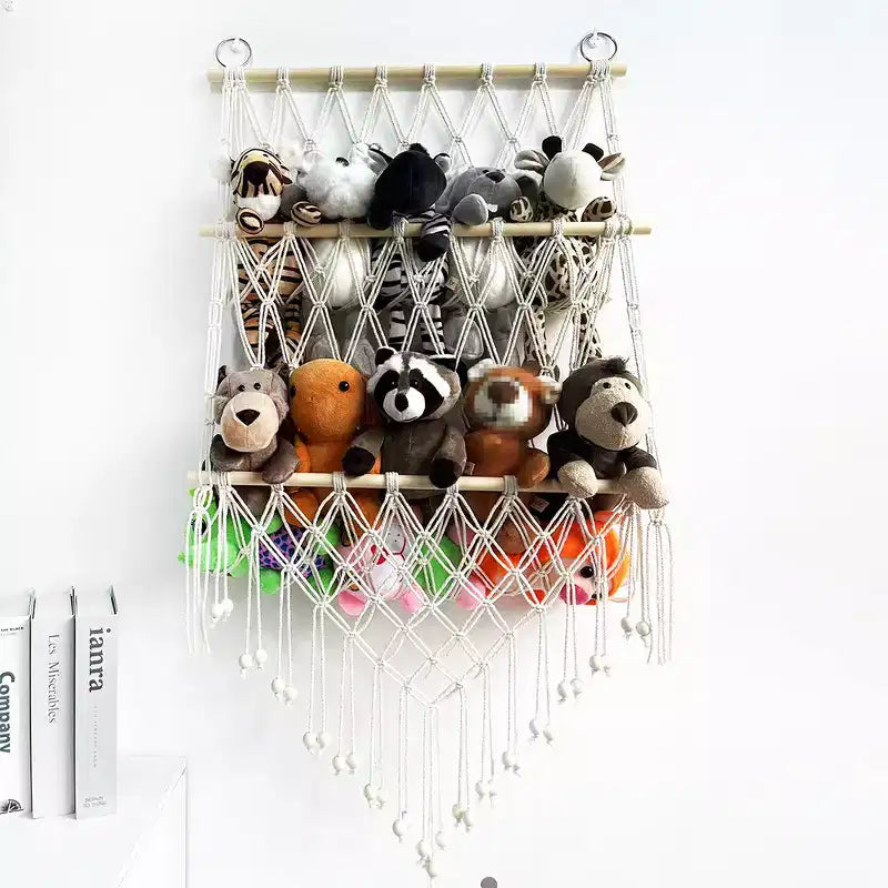 Hamac de rangement pour animaux en peluche, filet de rangement double couche en bois pour jouets en peluche, organisateur de jouets suspendu, filet mural pour chambre d'enfant ou salle de jeux