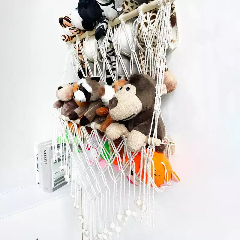 Hamac de rangement pour animaux en peluche, filet de rangement double couche en bois pour jouets en peluche, organisateur de jouets suspendu, filet mural pour chambre d'enfant ou salle de jeux