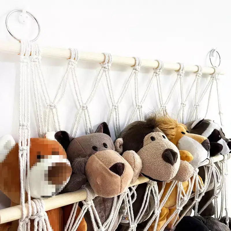 Hamac de rangement pour animaux en peluche, filet de rangement double couche en bois pour jouets en peluche, organisateur de jouets suspendu, filet mural pour chambre d'enfant ou salle de jeux