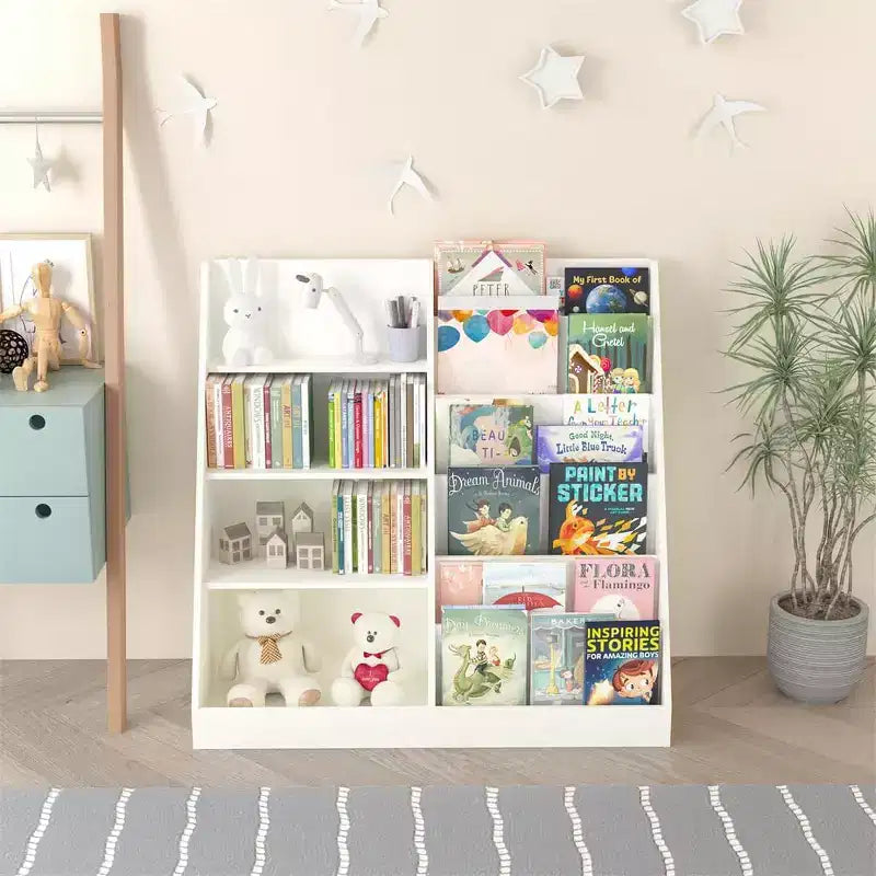 Étagère à Livres et Organisateur de Rangement de Jouets pour Enfants, Bibliothèque pour Chambres d'Enfants, Étagère à Livres en Bois Multifonctionnelle à 4 Niveaux
