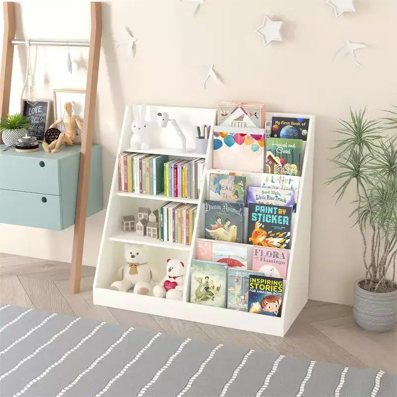 Étagère à Livres et Organisateur de Rangement de Jouets pour Enfants, Bibliothèque pour Chambres d'Enfants, Étagère à Livres en Bois Multifonctionnelle à 4 Niveaux