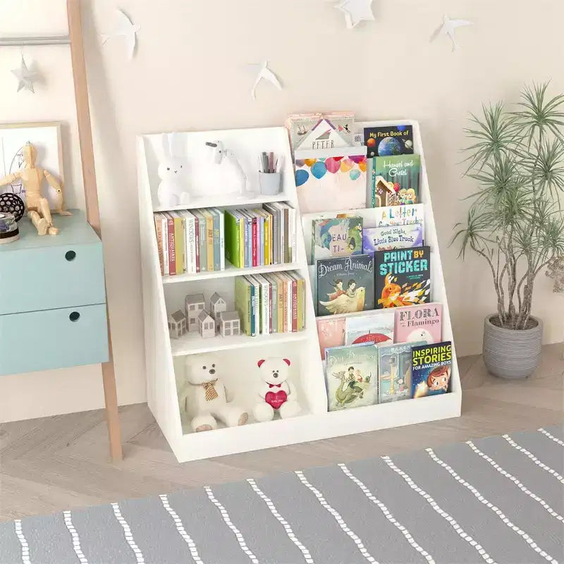 Étagère à Livres et Organisateur de Rangement de Jouets pour Enfants, Bibliothèque pour Chambres d'Enfants, Étagère à Livres en Bois Multifonctionnelle à 4 Niveaux
