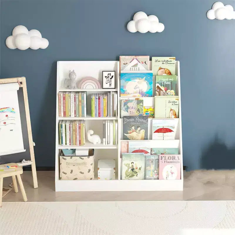 Étagère à Livres et Organisateur de Rangement de Jouets pour Enfants, Bibliothèque pour Chambres d'Enfants, Étagère à Livres en Bois Multifonctionnelle à 4 Niveaux