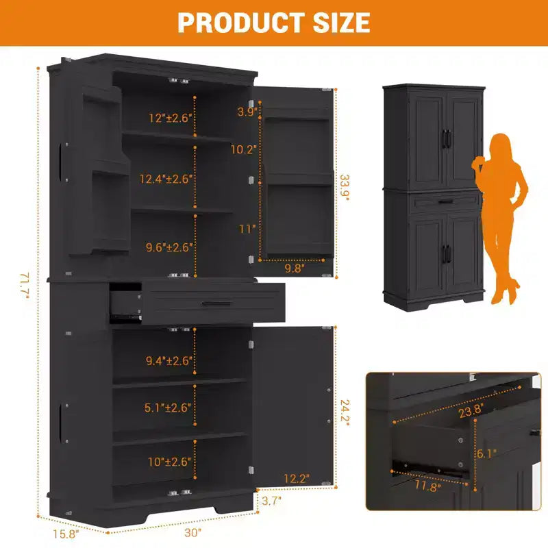 Meuble de rangement de 183 cm de hauteur pour cuisine, meuble de rangement de cuisine de style campagnard avec tiroir, 4 étagères réglables, 6 étagères de porte