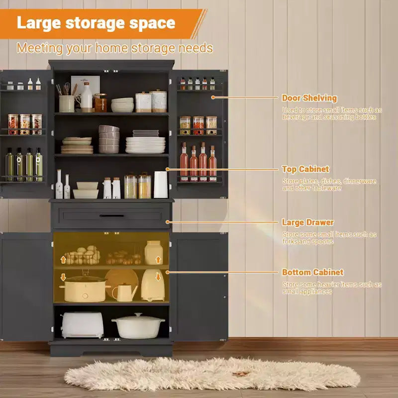 Meuble de rangement de 183 cm de hauteur pour cuisine, meuble de rangement de cuisine de style campagnard avec tiroir, 4 étagères réglables, 6 étagères de porte