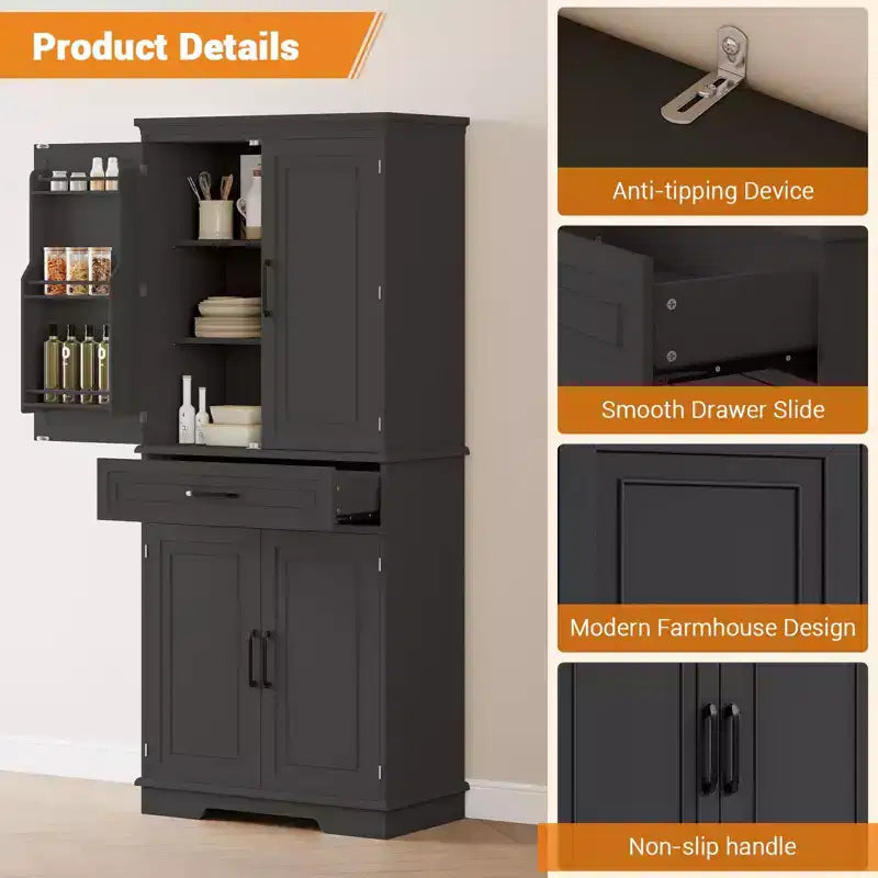 Meuble de rangement de 183 cm de hauteur pour cuisine, meuble de rangement de cuisine de style campagnard avec tiroir, 4 étagères réglables, 6 étagères de porte
