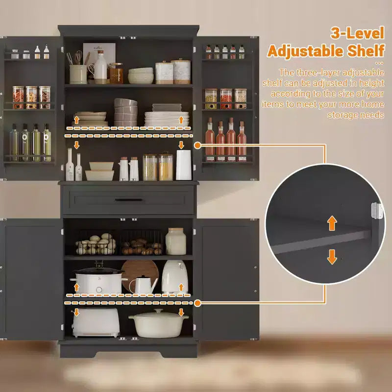 Meuble de rangement de 183 cm de hauteur pour cuisine, meuble de rangement de cuisine de style campagnard avec tiroir, 4 étagères réglables, 6 étagères de porte