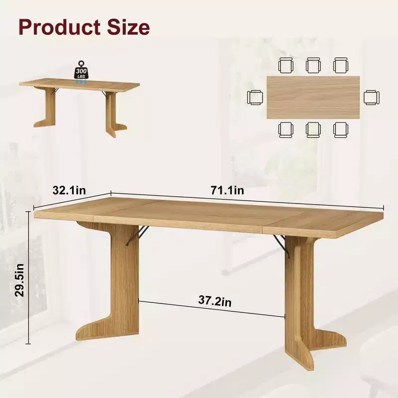 Grande table à manger pour 6, table de cuisine de ferme avec plateau rembourré et pieds uniques en forme de V, table à manger rectangulaire en bois