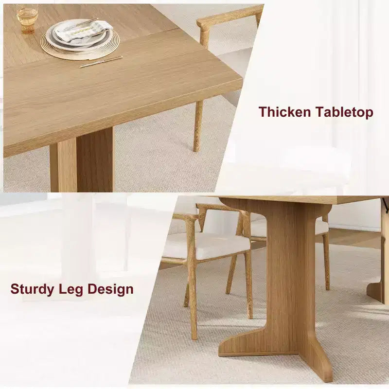 Grande table à manger pour 6, table de cuisine de ferme avec plateau rembourré et pieds uniques en forme de V, table à manger rectangulaire en bois