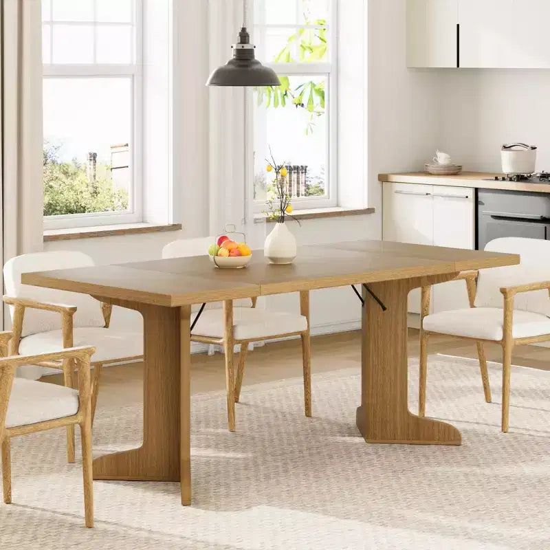 Grande table à manger pour 6, table de cuisine de ferme avec plateau rembourré et pieds uniques en forme de V, table à manger rectangulaire en bois