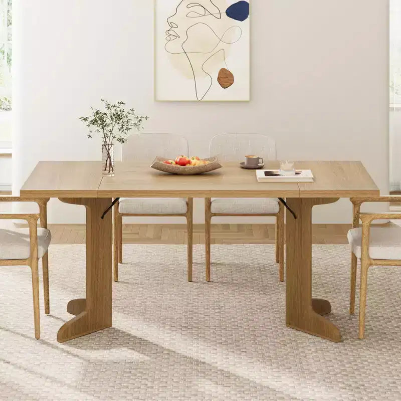 Grande table à manger pour 6, table de cuisine de ferme avec plateau rembourré et pieds uniques en forme de V, table à manger rectangulaire en bois