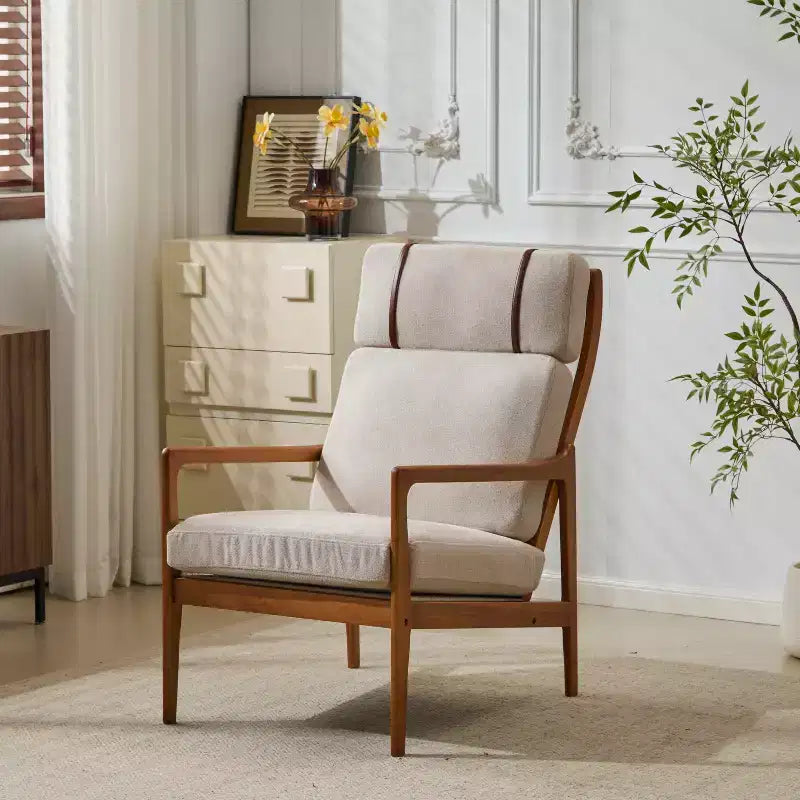 Fauteuil Zephys en bois de style moderne du milieu du siècle avec dossier haut et coussins