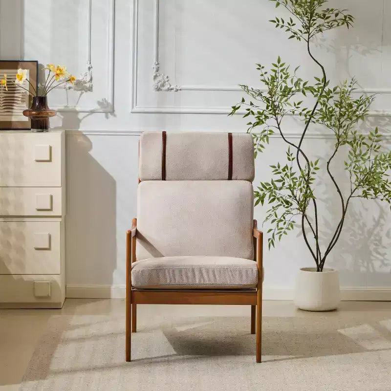 Fauteuil Zephys en bois de style moderne du milieu du siècle avec dossier haut et coussins