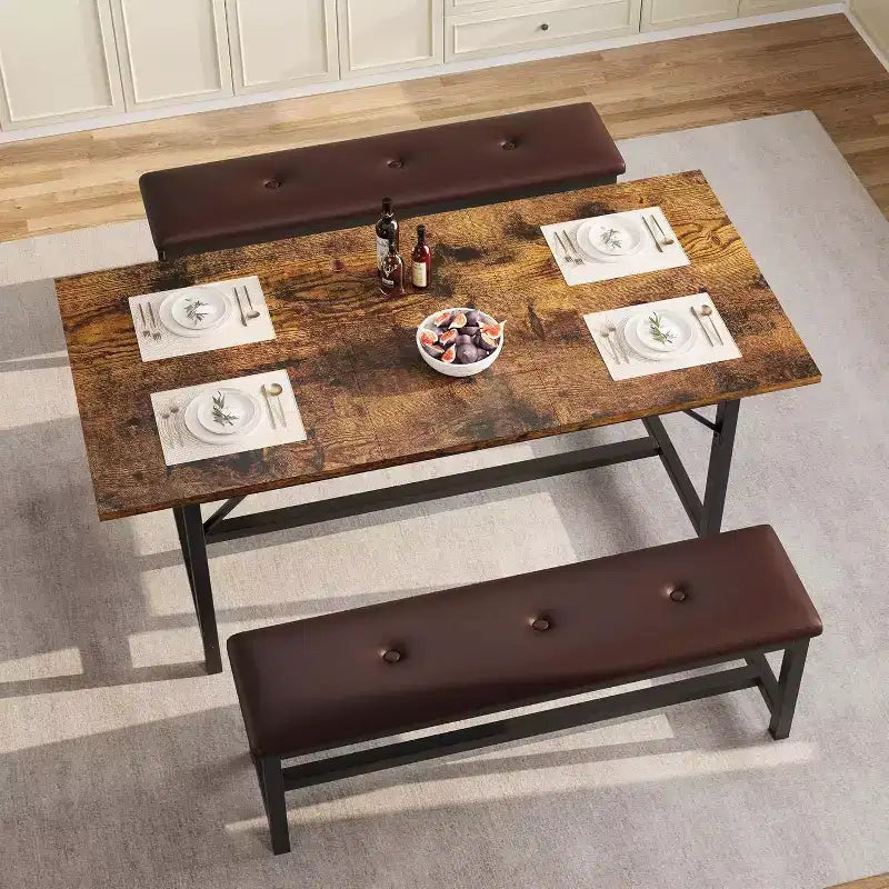 Ensemble de salle à manger extensible marron rustique de 160 cm pour 4 à 6 personnes, table de cuisine rectangulaire en bois avec 2 bancs moelleux, design peu encombrant pour petits espaces