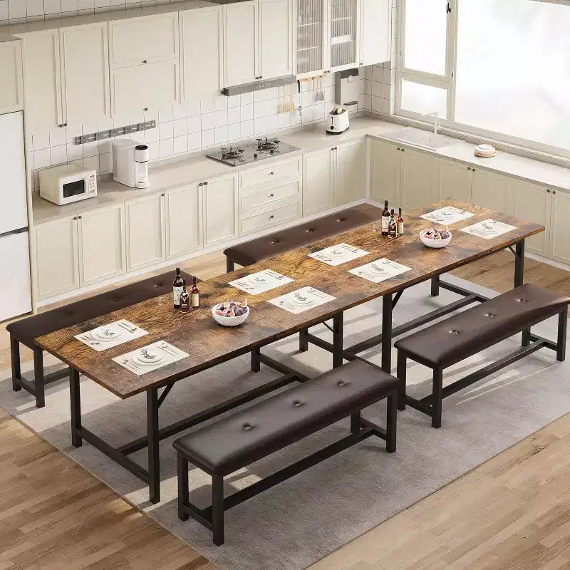 Ensemble de salle à manger extensible marron rustique de 160 cm pour 4 à 6 personnes, table de cuisine rectangulaire en bois avec 2 bancs moelleux, design peu encombrant pour petits espaces
