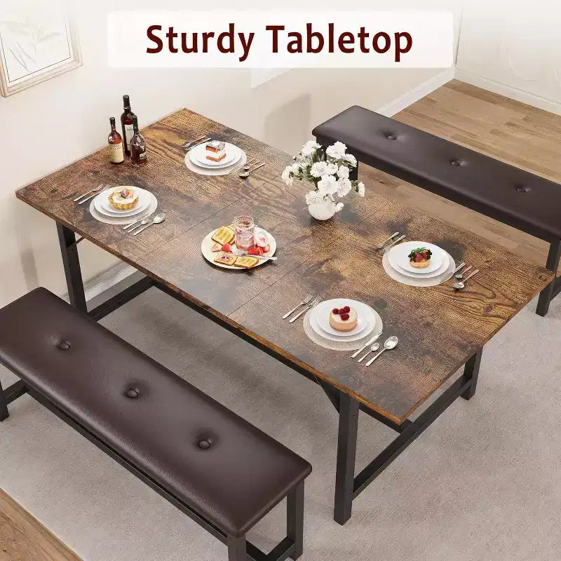 Ensemble de salle à manger extensible marron rustique de 160 cm pour 4 à 6 personnes, table de cuisine rectangulaire en bois avec 2 bancs moelleux, design peu encombrant pour petits espaces