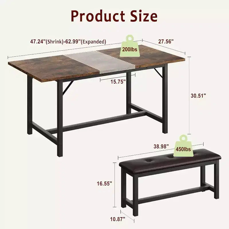 Ensemble de salle à manger extensible marron rustique de 160 cm pour 4 à 6 personnes, table de cuisine rectangulaire en bois avec 2 bancs moelleux, design peu encombrant pour petits espaces