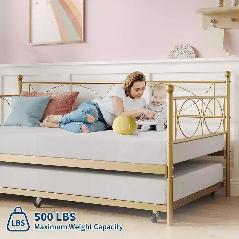 Lit de repos double, cadre de canapé-lit en métal avec lattes en acier, lit d'appoint peu encombrant pour chambre à coucher