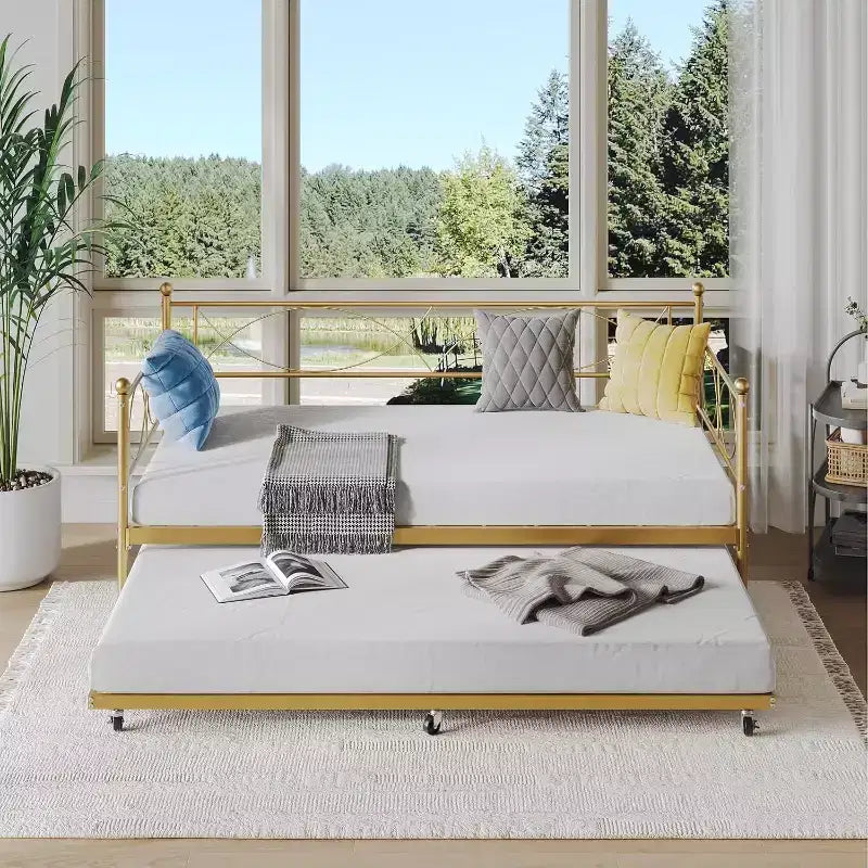 Lit de repos double, cadre de canapé-lit en métal avec lattes en acier, lit d'appoint peu encombrant pour chambre à coucher