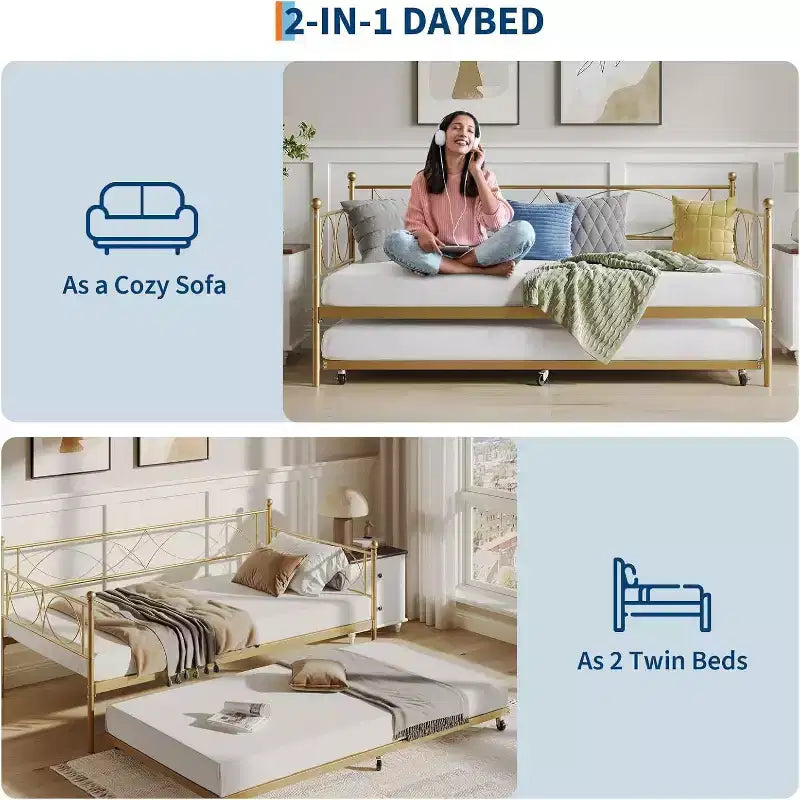 Lit de repos double, cadre de canapé-lit en métal avec lattes en acier, lit d'appoint peu encombrant pour chambre à coucher