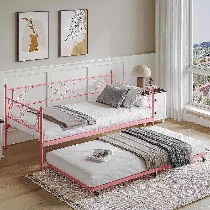 Lit de repos double, cadre de canapé-lit en métal avec lattes en acier, lit d'appoint peu encombrant pour chambre à coucher