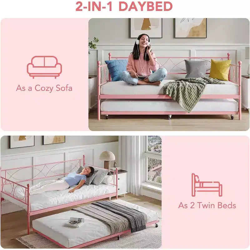 Lit de repos double, cadre de canapé-lit en métal avec lattes en acier, lit d'appoint peu encombrant pour chambre à coucher