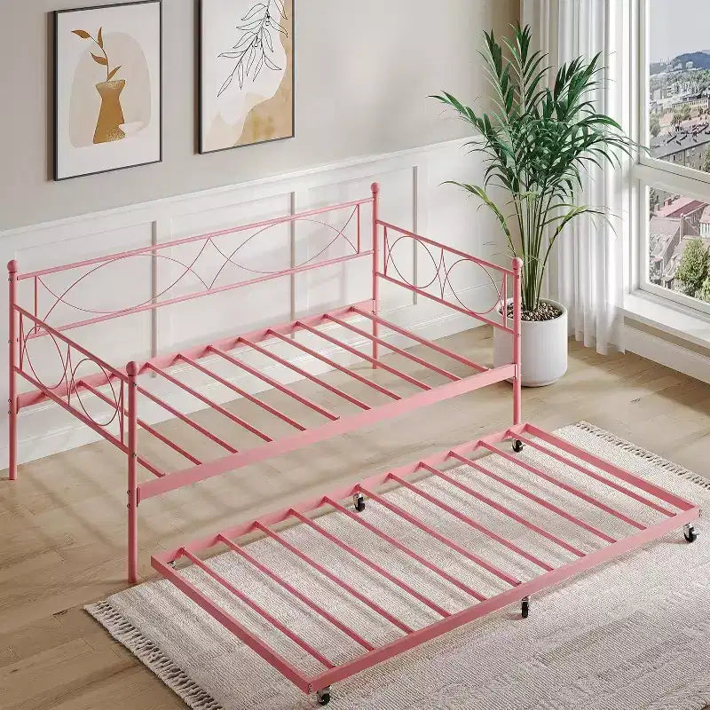 Lit de repos double, cadre de canapé-lit en métal avec lattes en acier, lit d'appoint peu encombrant pour chambre à coucher