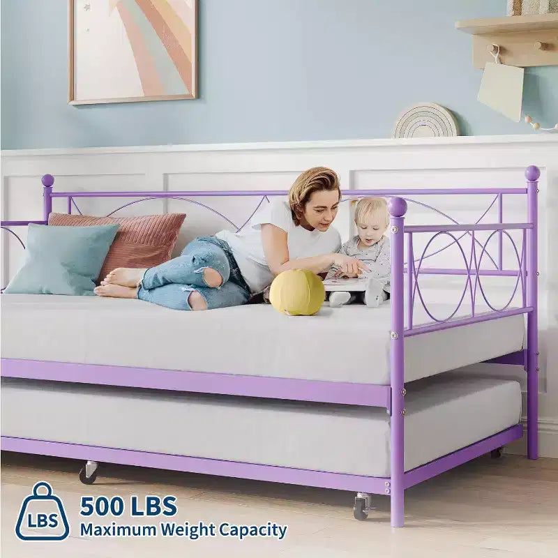 Lit de repos double, cadre de canapé-lit en métal avec lattes en acier, lit d'appoint peu encombrant pour chambre à coucher
