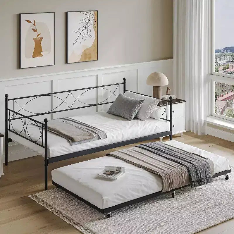 Lit de repos double, cadre de canapé-lit en métal avec lattes en acier, lit d'appoint peu encombrant pour chambre à coucher
