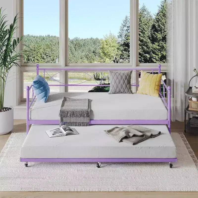 Lit de repos double, cadre de canapé-lit en métal avec lattes en acier, lit d'appoint peu encombrant pour chambre à coucher