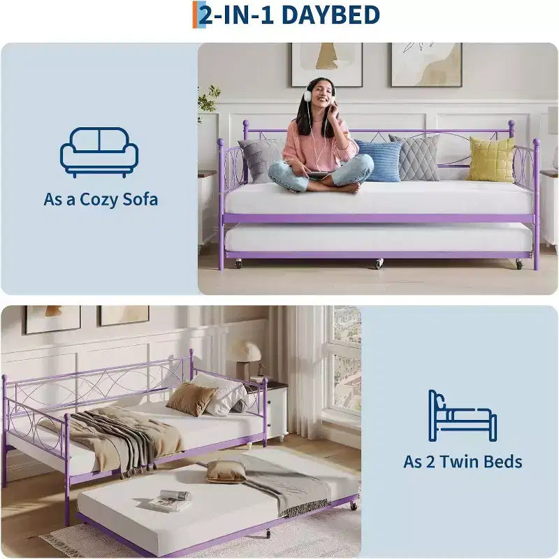 Lit de repos double, cadre de canapé-lit en métal avec lattes en acier, lit d'appoint peu encombrant pour chambre à coucher