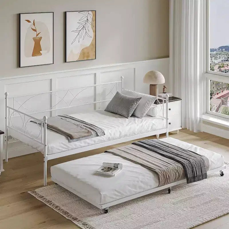 Lit de repos double, cadre de canapé-lit en métal avec lattes en acier, lit d'appoint peu encombrant pour chambre à coucher