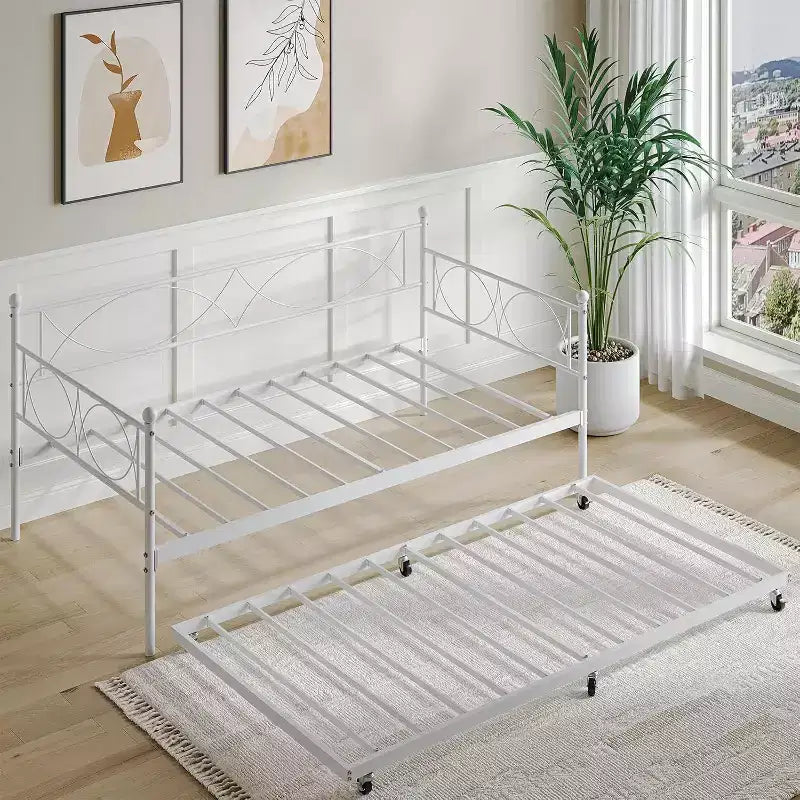 Lit de repos double, cadre de canapé-lit en métal avec lattes en acier, lit d'appoint peu encombrant pour chambre à coucher