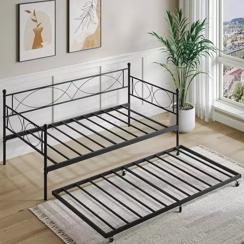 Lit de repos double, cadre de canapé-lit en métal avec lattes en acier, lit d'appoint peu encombrant pour chambre à coucher