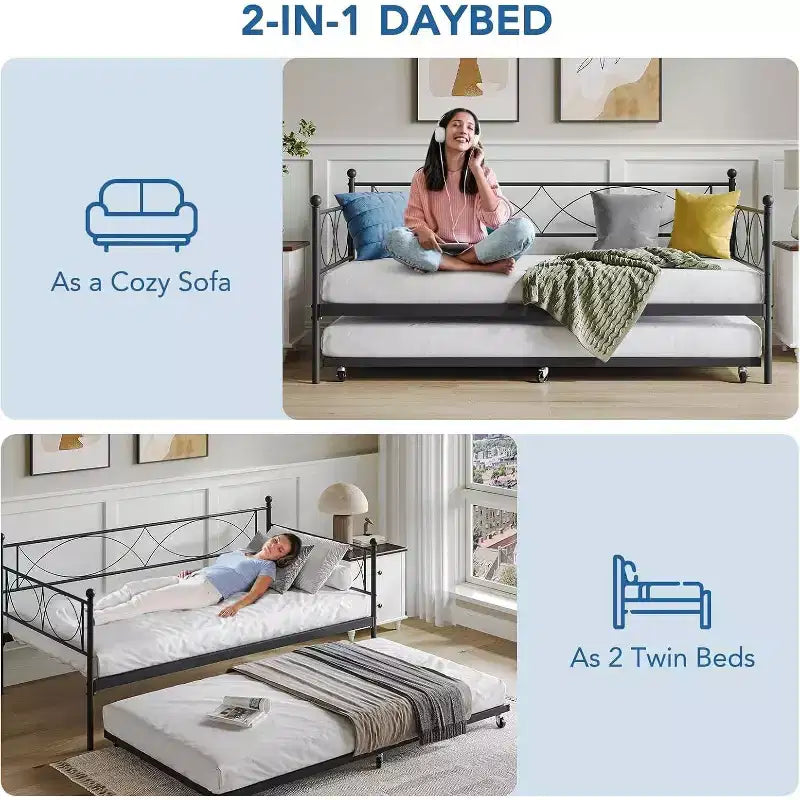 Lit de repos double, cadre de canapé-lit en métal avec lattes en acier, lit d'appoint peu encombrant pour chambre à coucher