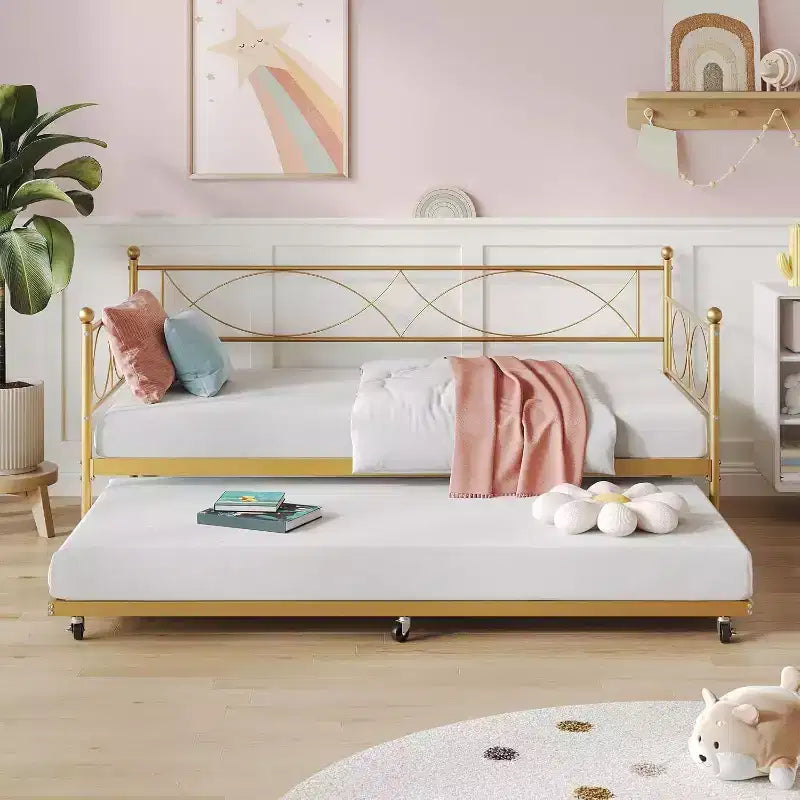Lit de repos double, cadre de canapé-lit en métal avec lattes en acier, lit d'appoint peu encombrant pour chambre à coucher