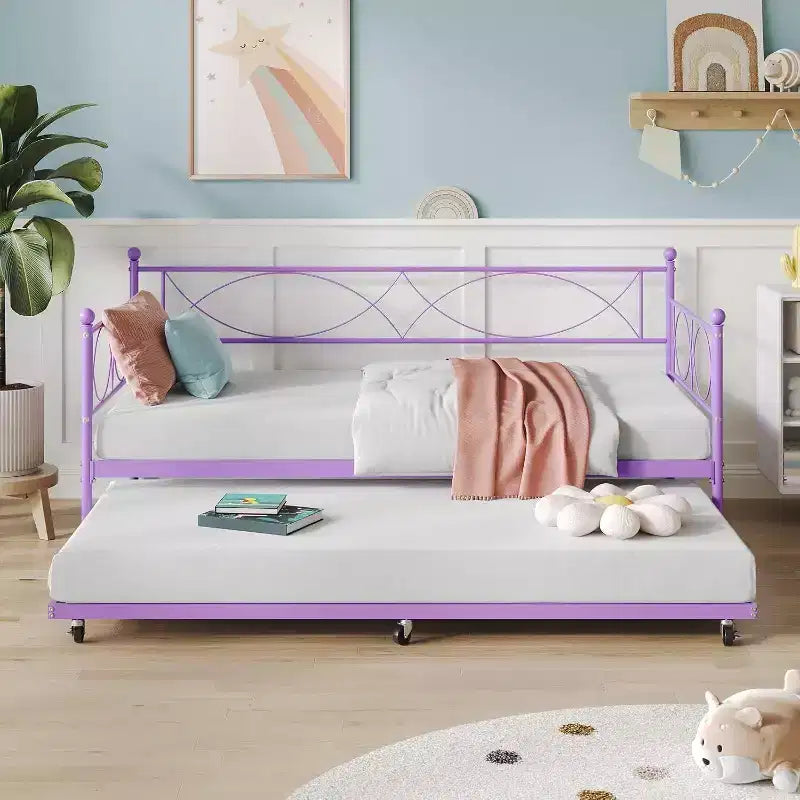 Lit de repos double, cadre de canapé-lit en métal avec lattes en acier, lit d'appoint peu encombrant pour chambre à coucher