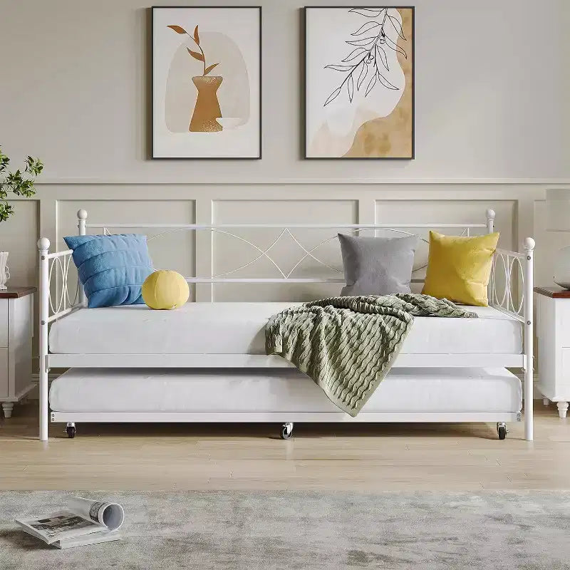 Lit de repos double, cadre de canapé-lit en métal avec lattes en acier, lit d'appoint peu encombrant pour chambre à coucher