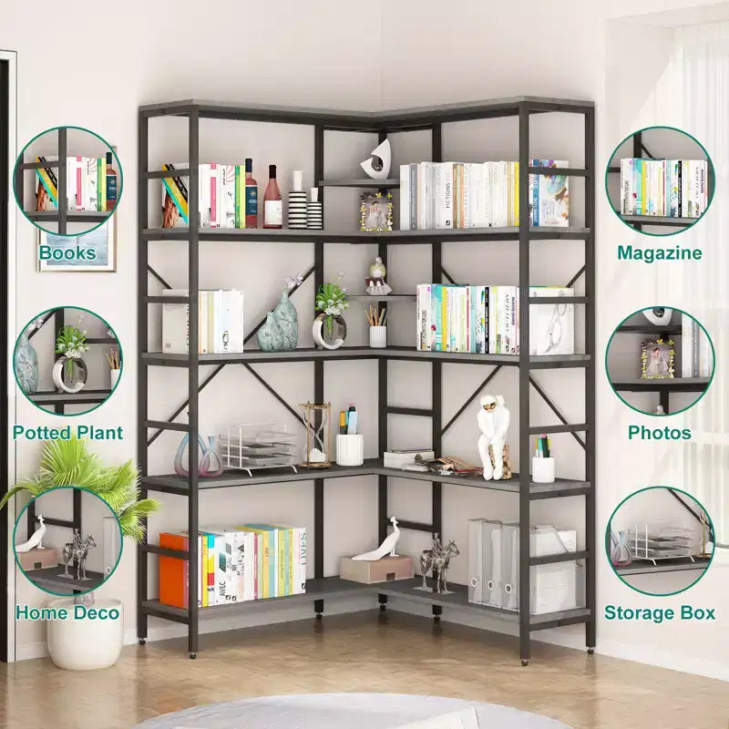 Étagère d'angle à 5 niveaux, bibliothèque haute en forme de L, étagères industrielles, cadre métallique pour chambre, salon, maison, bureau
