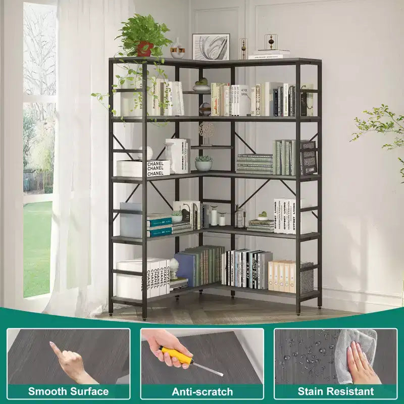 Étagère d'angle à 5 niveaux, bibliothèque haute en forme de L, étagères industrielles, cadre métallique pour chambre, salon, maison, bureau