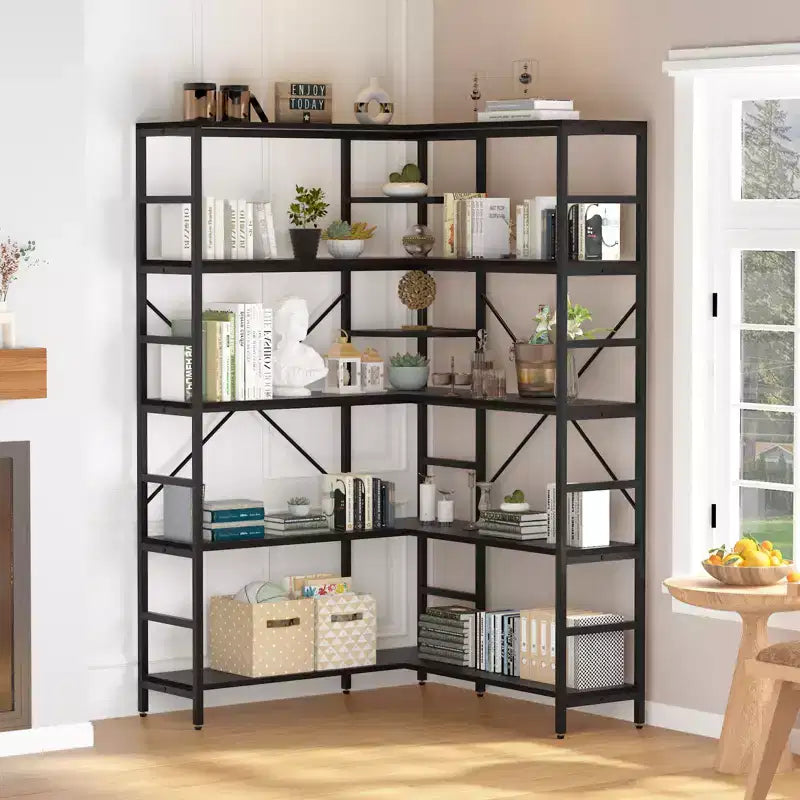 Étagère d'angle à 5 niveaux, bibliothèque haute en forme de L, étagères industrielles, cadre métallique pour chambre, salon, maison, bureau