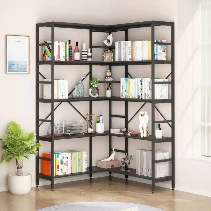 Étagère d'angle à 5 niveaux, bibliothèque haute en forme de L, étagères industrielles, cadre métallique pour chambre, salon, maison, bureau