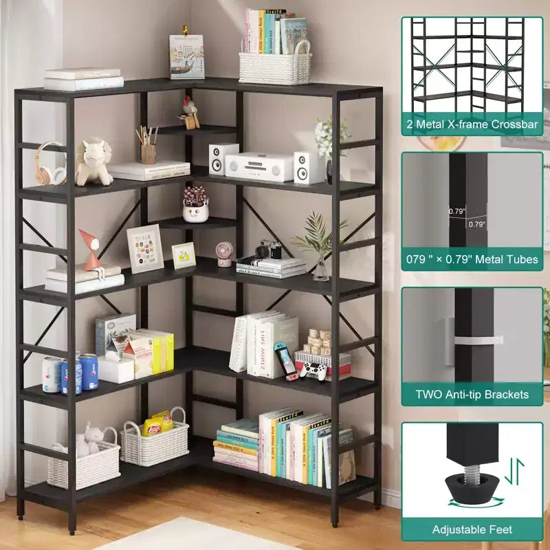 Étagère d'angle à 5 niveaux, bibliothèque haute en forme de L, étagères industrielles, cadre métallique pour chambre, salon, maison, bureau