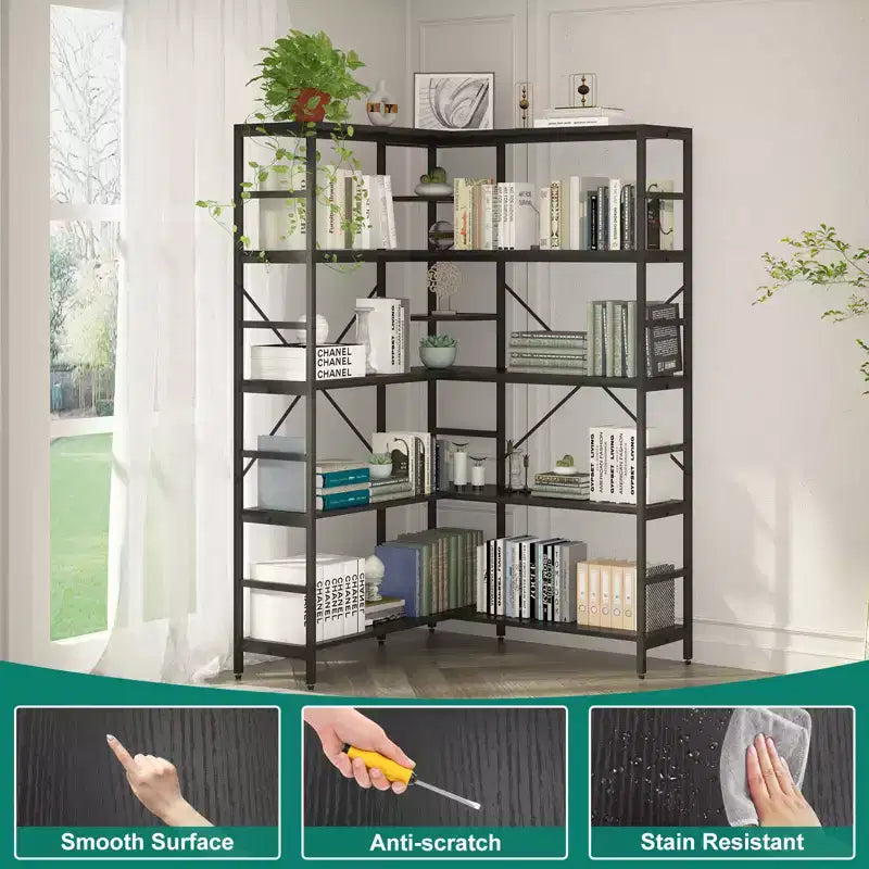 Étagère d'angle à 5 niveaux, bibliothèque haute en forme de L, étagères industrielles, cadre métallique pour chambre, salon, maison, bureau