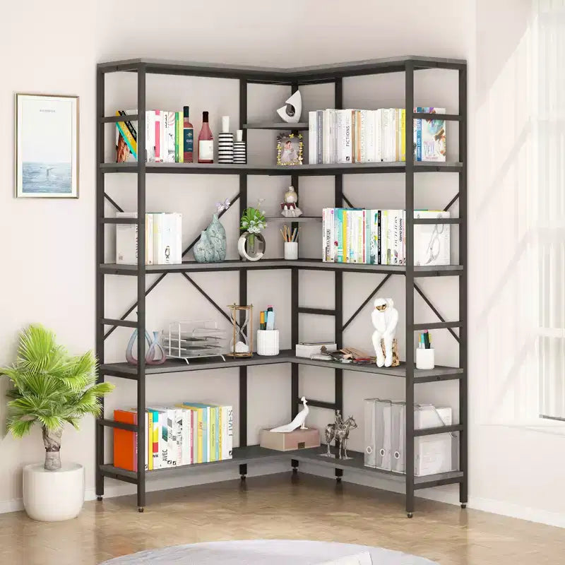 Étagère d'angle à 5 niveaux, bibliothèque haute en forme de L, étagères industrielles, cadre métallique pour chambre, salon, maison, bureau