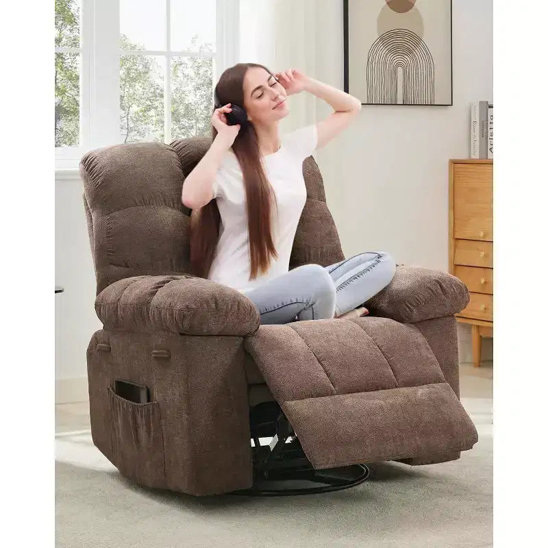 Fauteuil inclinable à bascule, fauteuil planeur pivotant rembourré avec assise profonde et poches latérales pour salon ou chambre à coucher